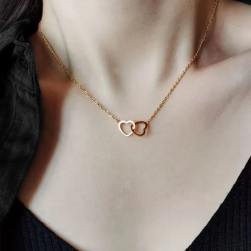 Personalized Double Heart Name Necklace in Stainless Steel