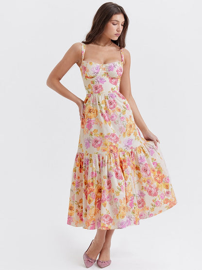 Floral Print Bustier Strap With Pocket Midi Dress