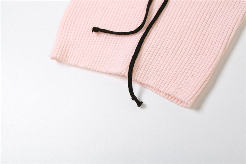 Pink Ribbed Lace Up Top