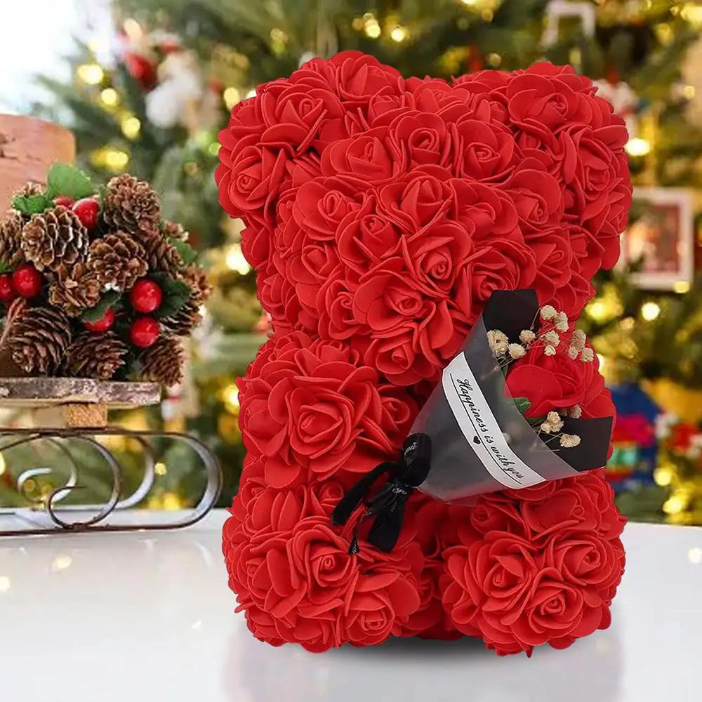 Rose Bear in Clear Box - Handmade Artificial Flower Gift for Valentine's Day, Birthday, or Special Occasion