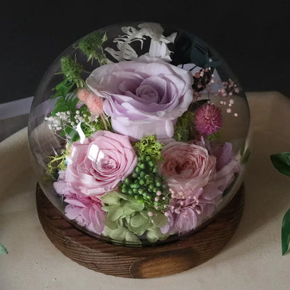 Preserved Red Rose and Carnation Dome with Wooden Base