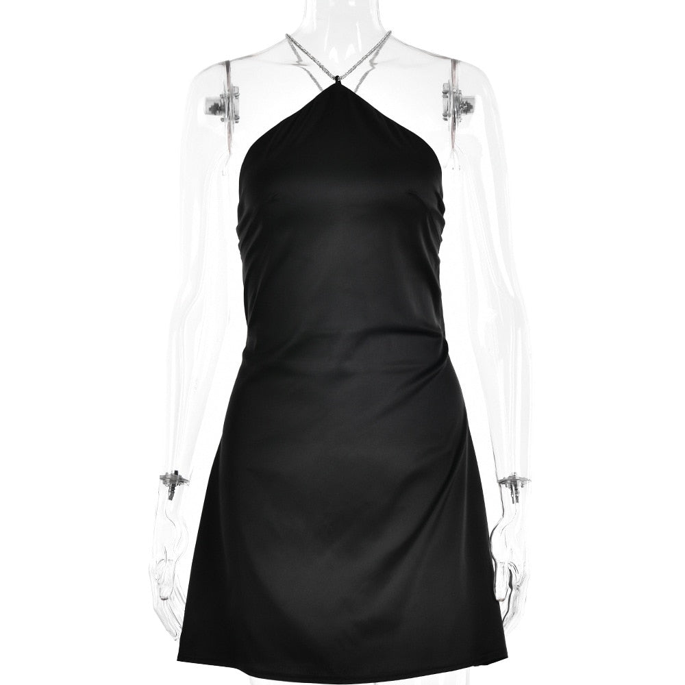 Sequin Strap Halter Backless Satin Mini Dress