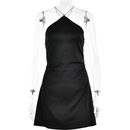 Sequin Strap Halter Backless Satin Mini Dress