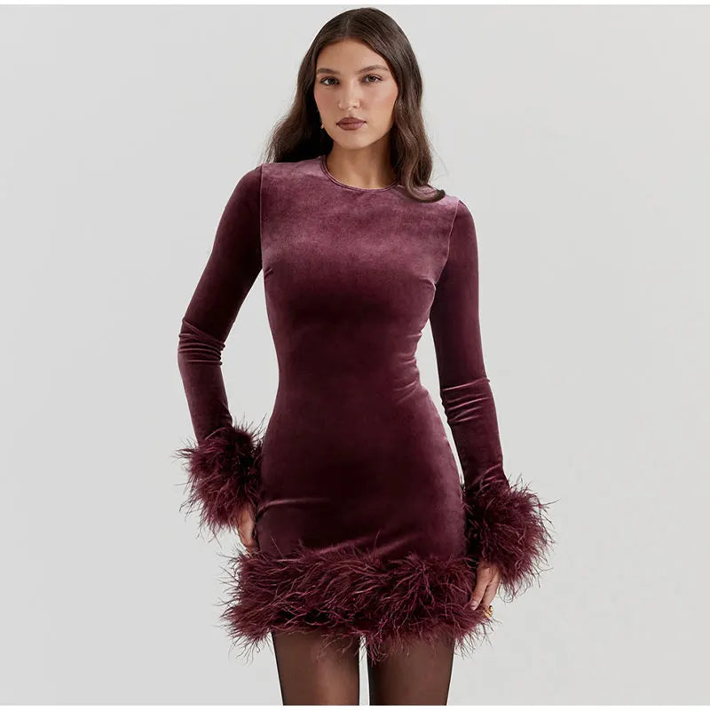 Velvet Long Sleeve Fur Trim Mini Dress