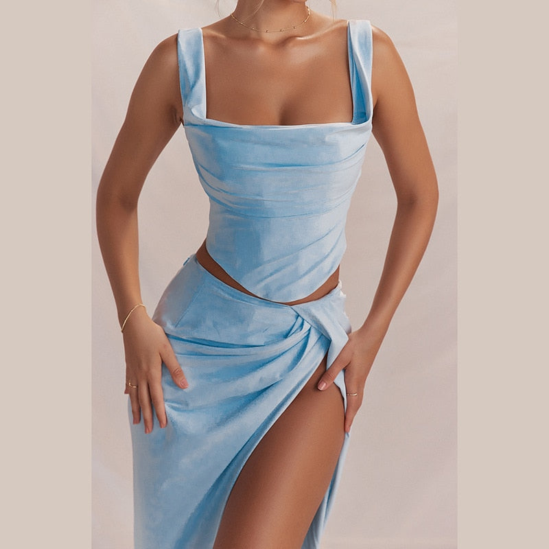 Blue Corset Top And Slit Maxi Skirt Set