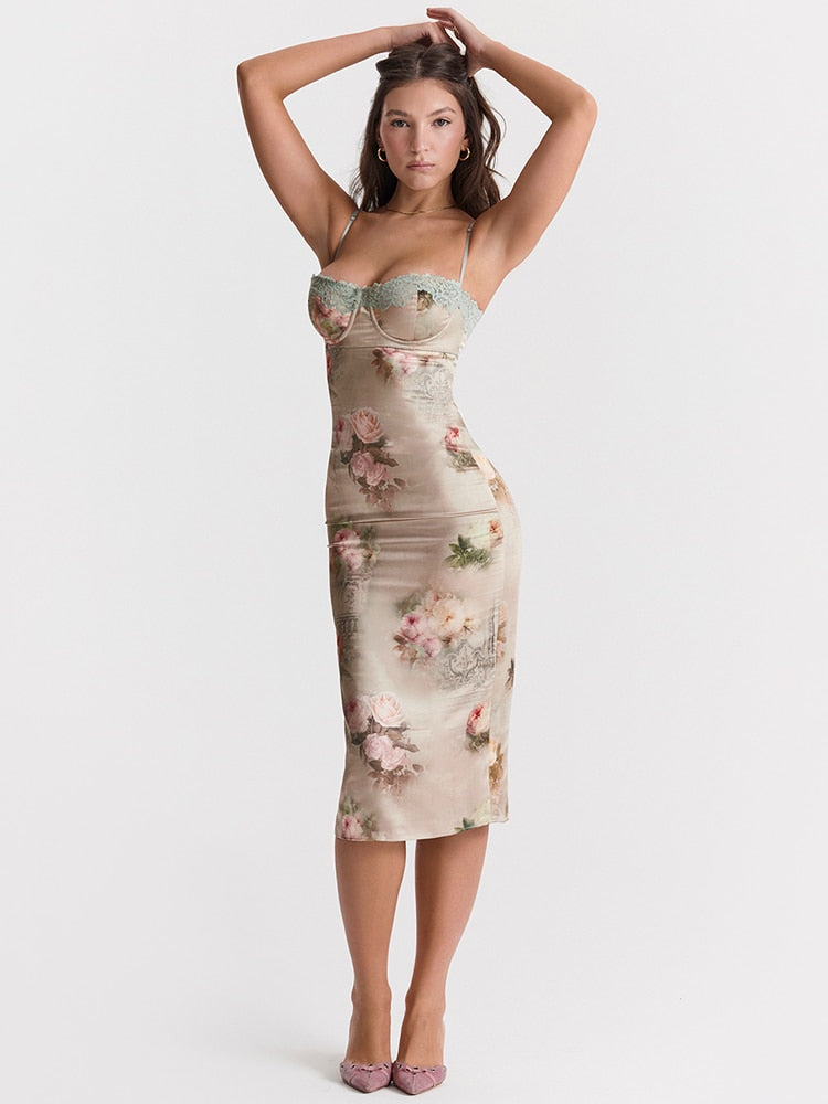 Green Satin Floral Print Bodycon Midi Dress