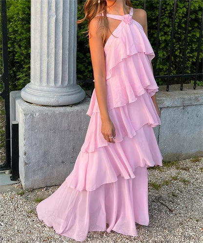 Pink Halter Ruffled Layered Maxi Dress
