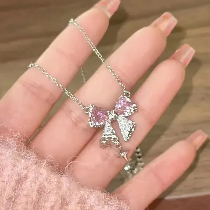 Pink Crystal Bow Pendant Necklace for Women