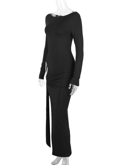 Long Sleeve Black Side Slit Hollow Tie Up Maxi Dress