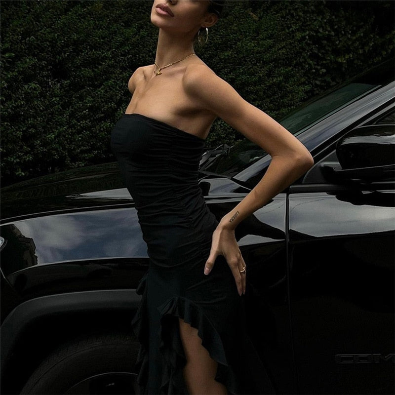 Ruffle Fringe Double Slit Tube Midi Dress