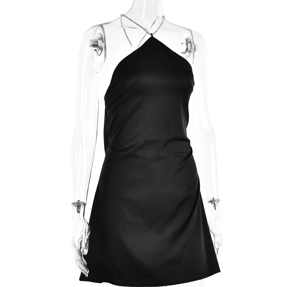 Sequin Strap Halter Backless Satin Mini Dress