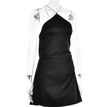 Sequin Strap Halter Backless Satin Mini Dress