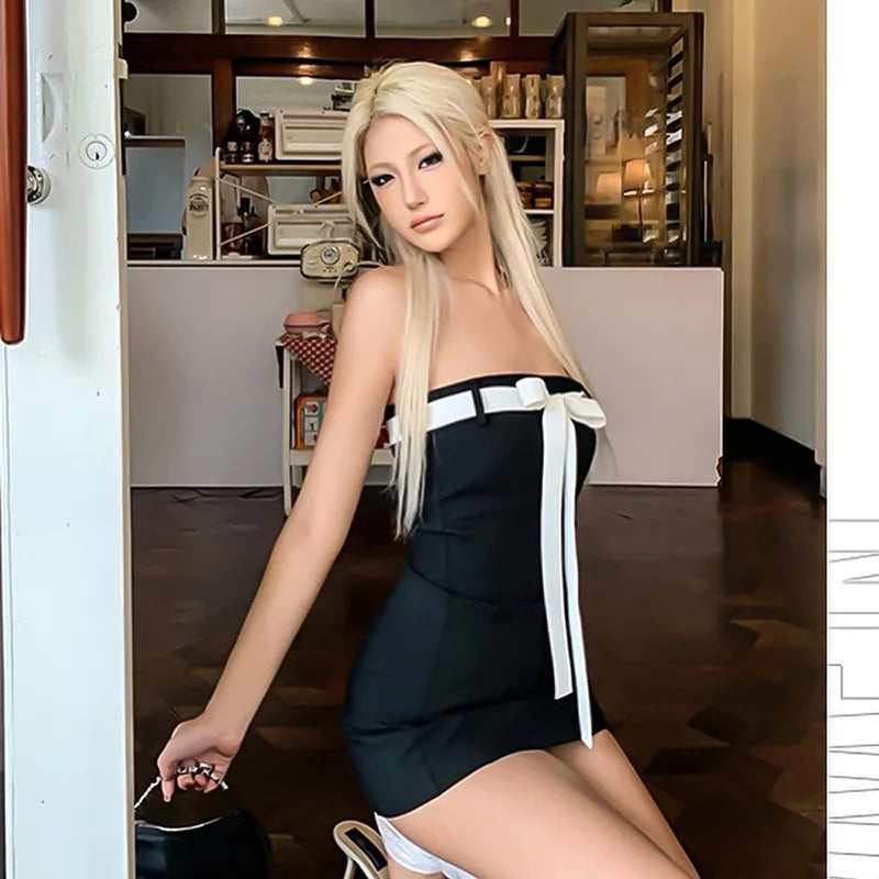 Black Tube White Bow Mini Dress