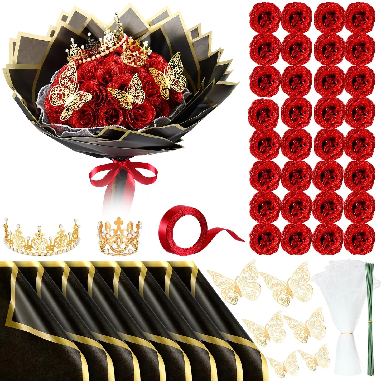 Glitter Artificial Red Rose Bouquet Eternal Silk Roses for Valentine's Day and Birthday Gifts