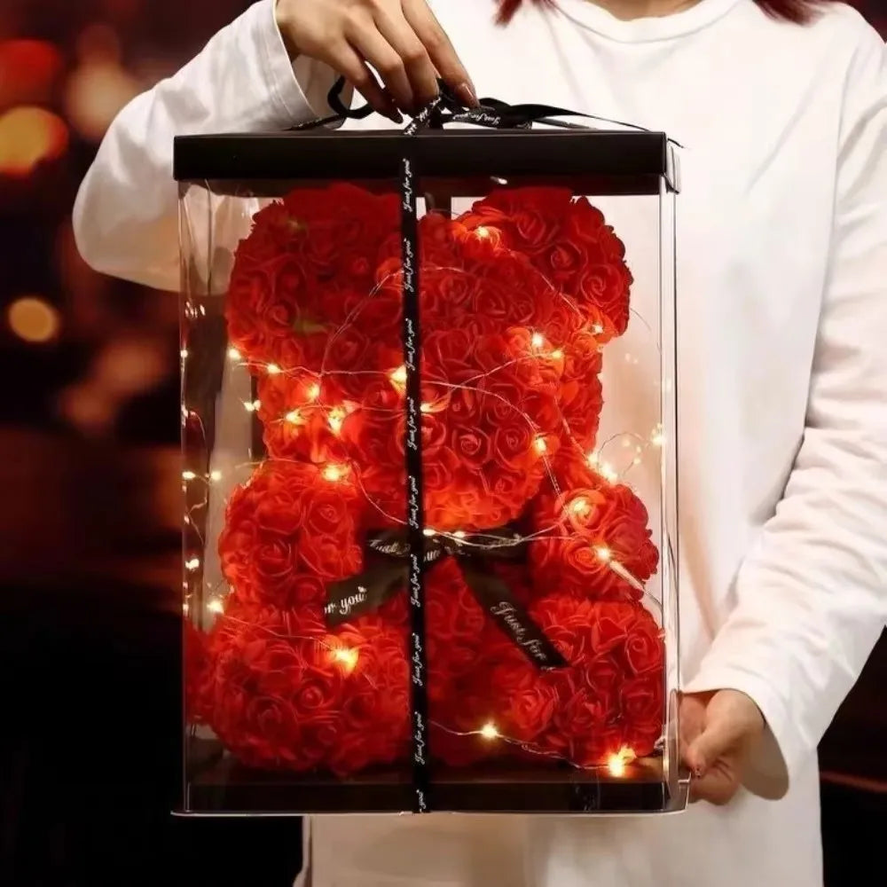 Eternal Rose Teddy Bear with Gift Box and Warm Light 25cm