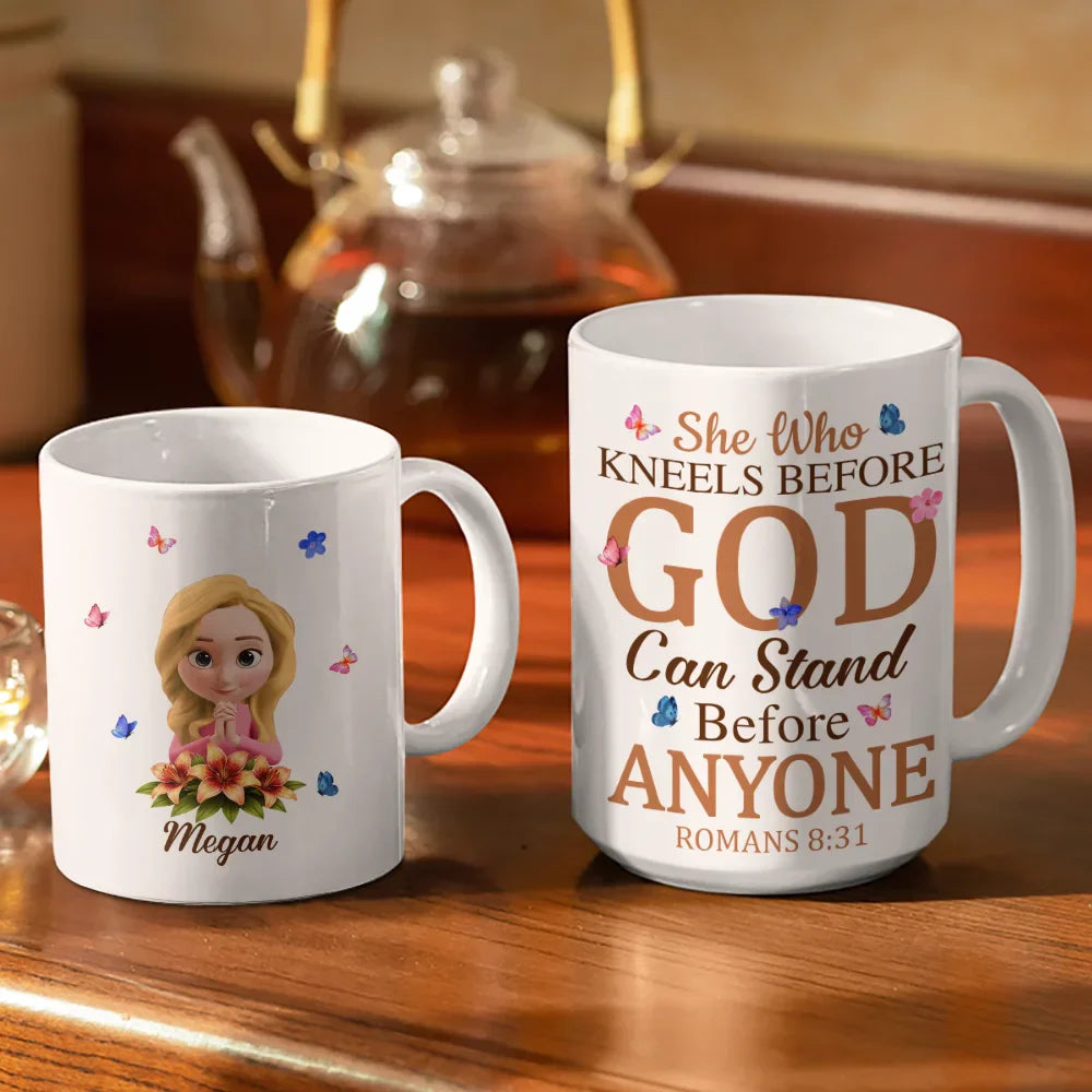She Who Kneels Before God Can Stand Before - Personalized White Edge-to-Edge Mug