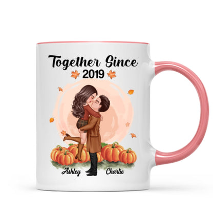 Fall Season Doll Couple Kissing Hugging In Pumpkin Patch Personalized Mug