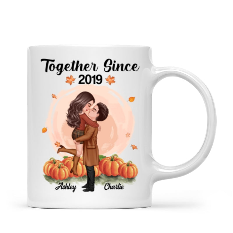 Fall Season Doll Couple Kissing Hugging In Pumpkin Patch Personalized Mug