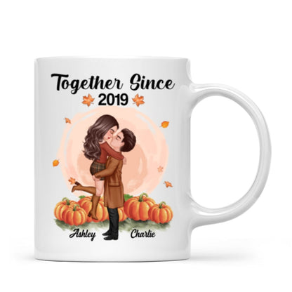 Fall Season Doll Couple Kissing Hugging In Pumpkin Patch Personalized Mug