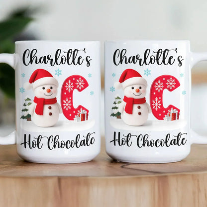 Custom Snowman Initial White Ceramic Mug for Hot Chocolate & Morning Coffee Festive Personalized Christmas Gift, Fun and Cute Winter Present