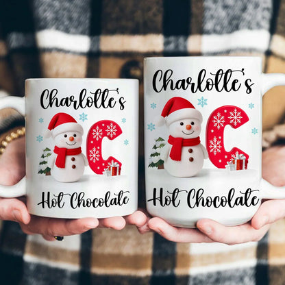 Custom Snowman Initial White Ceramic Mug for Hot Chocolate & Morning Coffee Festive Personalized Christmas Gift, Fun and Cute Winter Present