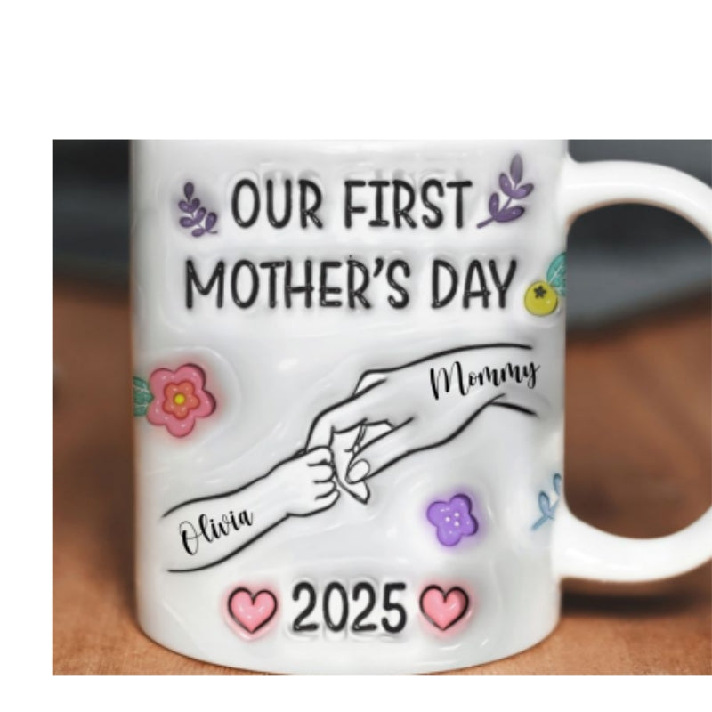 Our First Mother's Day 3D Inflated Baby Holding Mum Hand Personalized Mug, Heartfelt Gift for Mom