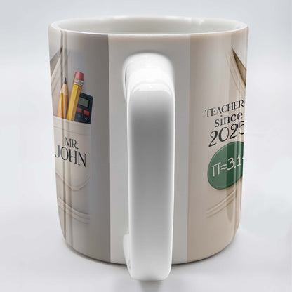 Teacher Since 2025, Pi=3.14 Necktie, Shirt, Pencil, Brush, Mathematical Equations - Personalized Custom Coffee Mug - TEACH001_MG