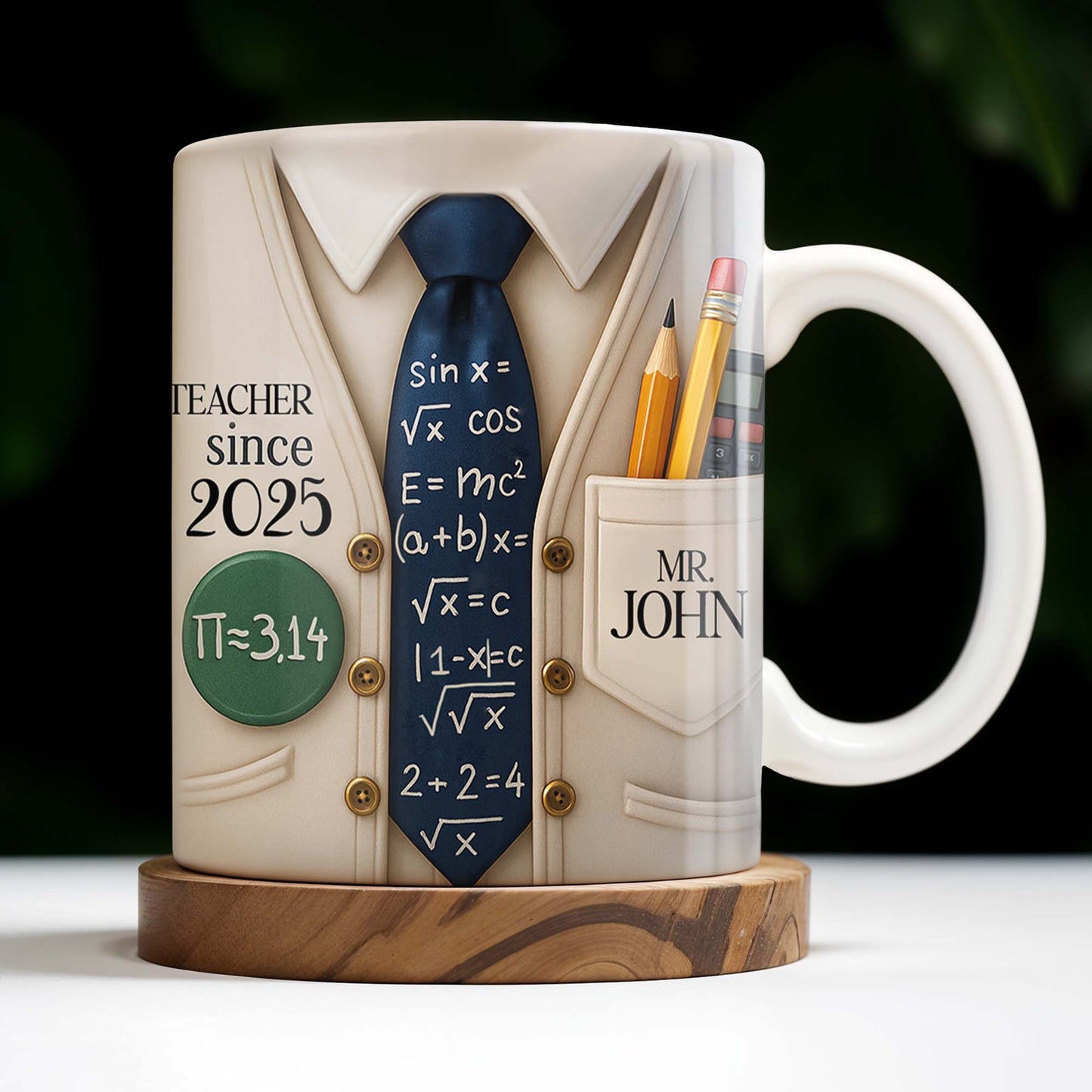 Teacher Since 2025, Pi=3.14 Necktie, Shirt, Pencil, Brush, Mathematical Equations - Personalized Custom Coffee Mug - TEACH001_MG