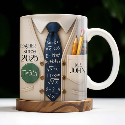 Teacher Since 2025, Pi=3.14 Necktie, Shirt, Pencil, Brush, Mathematical Equations - Personalized Custom Coffee Mug - TEACH001_MG