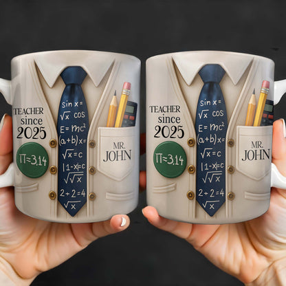Teacher Since 2025, Pi=3.14 Necktie, Shirt, Pencil, Brush, Mathematical Equations - Personalized Custom Coffee Mug - TEACH001_MG