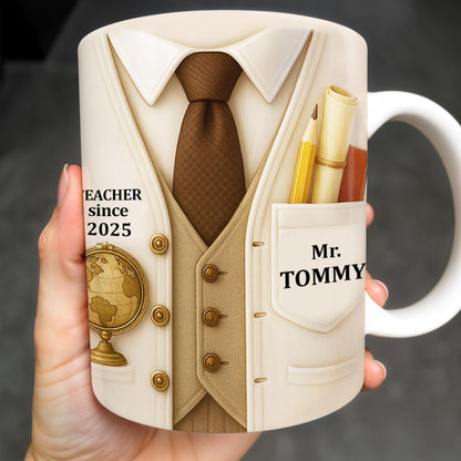Teacher Since 2025, Suit, Tie, Globe, And Pens Design - Personalized Custom Coffee Mug - TEACH003_MG