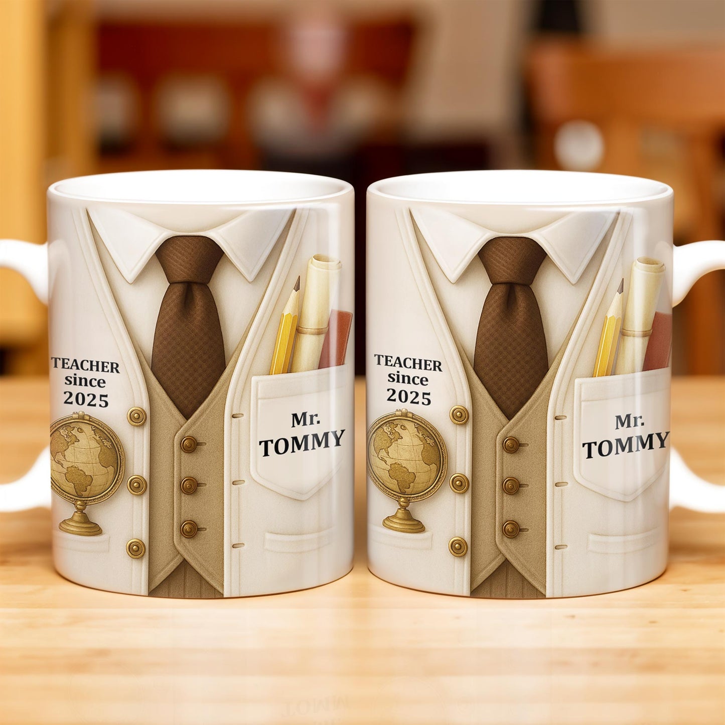 Teacher Since 2025, Suit, Tie, Globe, And Pens Design - Personalized Custom Coffee Mug - TEACH003_MG