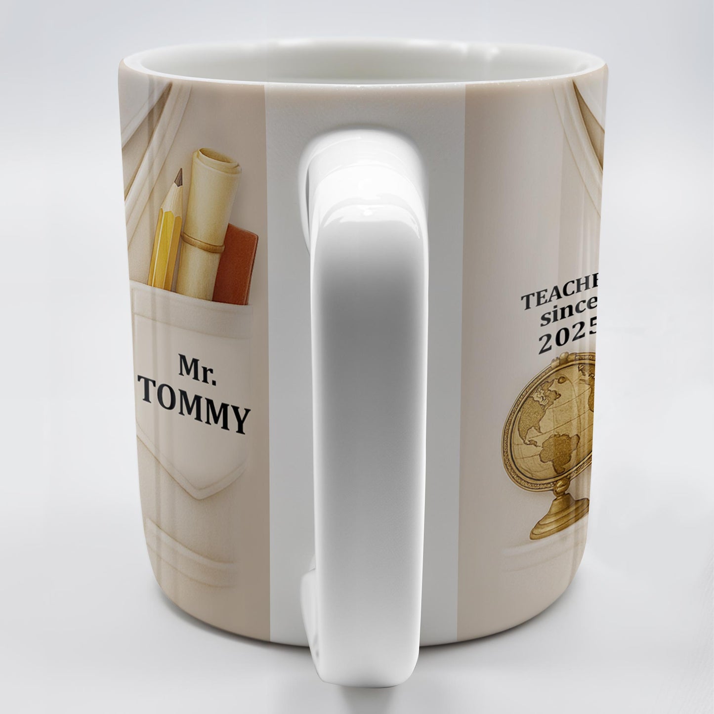 Teacher Since 2025, Suit, Tie, Globe, And Pens Design - Personalized Custom Coffee Mug - TEACH003_MG