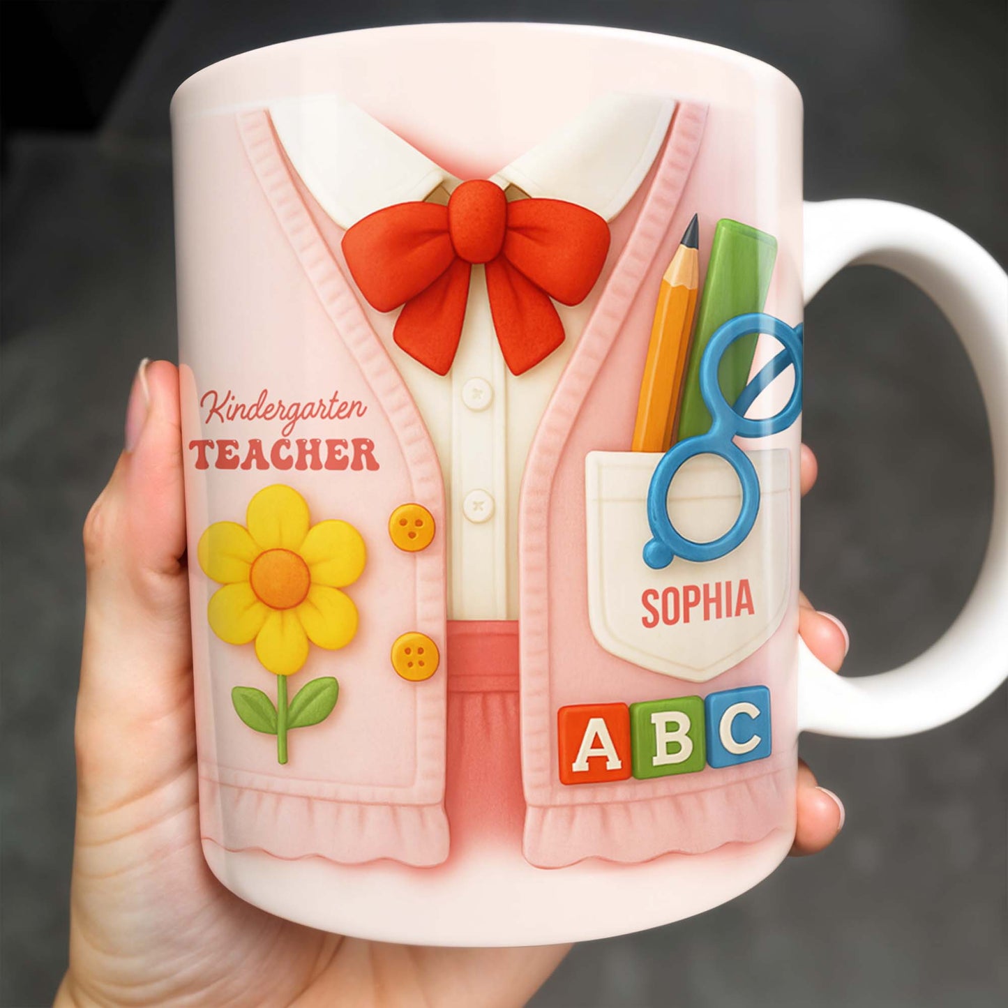 Kindergarten Teacher, Flower, Pencil, Scissors, Shirt with Tie - Personalized Custom Coffee Mug - TEACH004_MG