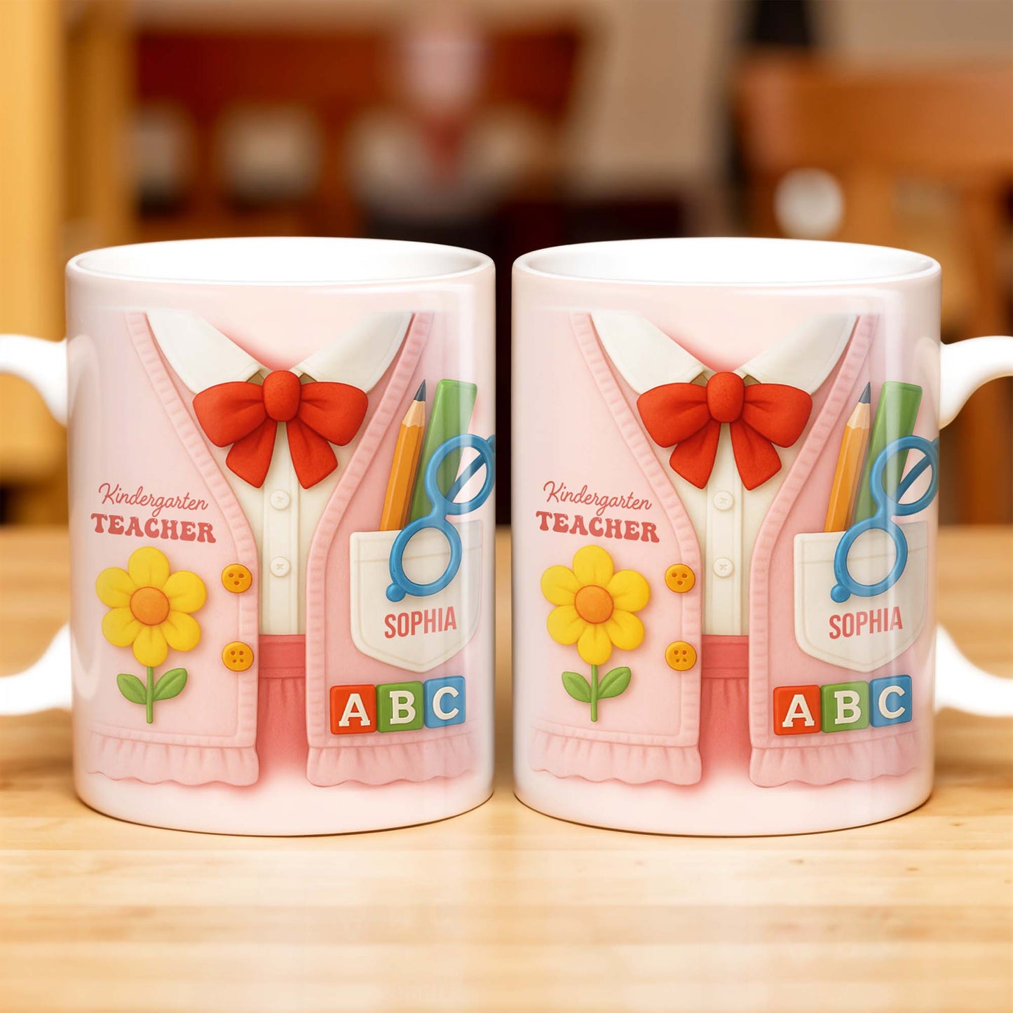 Kindergarten Teacher, Flower, Pencil, Scissors, Shirt with Tie - Personalized Custom Coffee Mug - TEACH004_MG