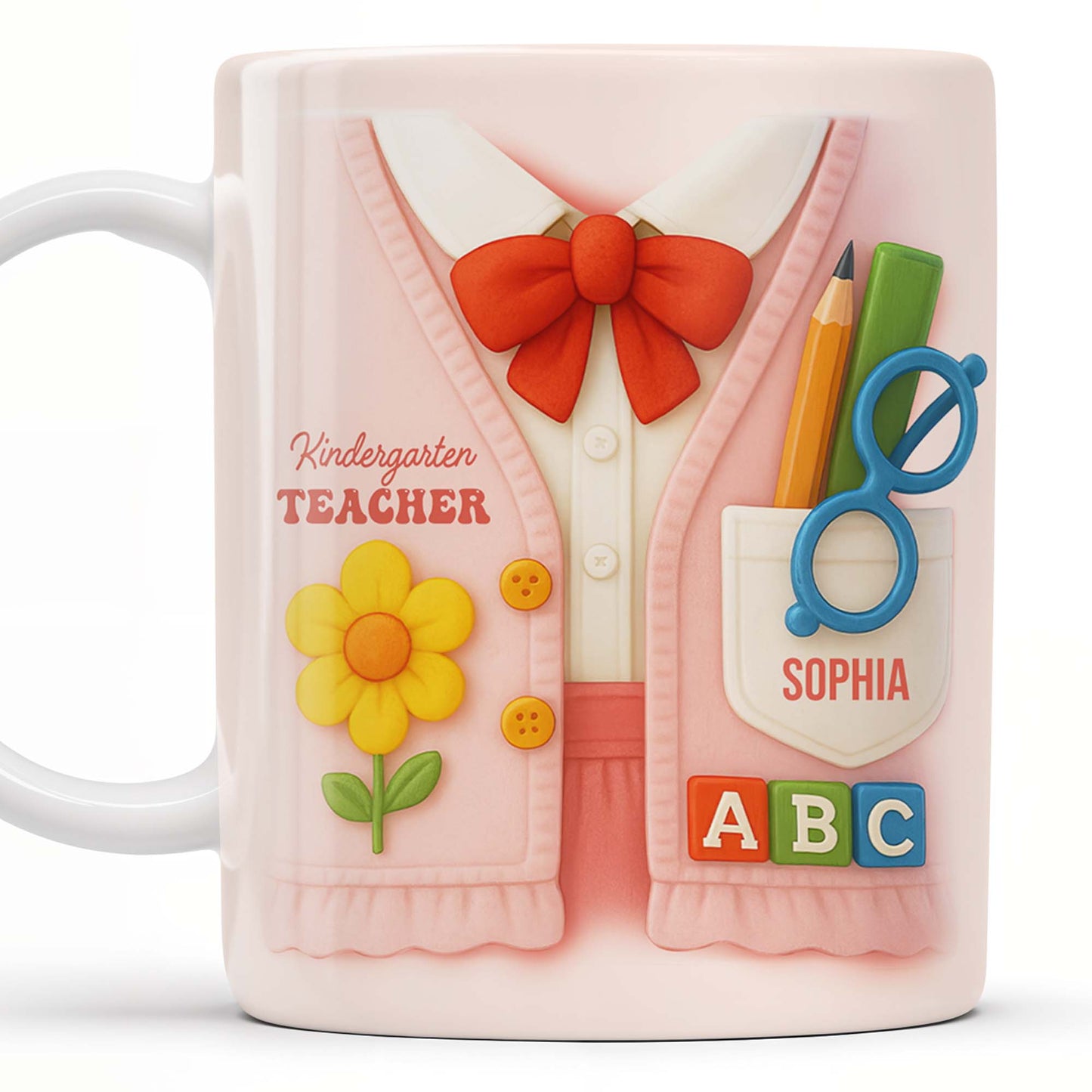Kindergarten Teacher, Flower, Pencil, Scissors, Shirt with Tie - Personalized Custom Coffee Mug - TEACH004_MG