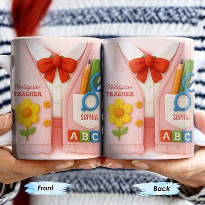 Kindergarten Teacher, Flower, Pencil, Scissors, Shirt with Tie - Personalized Custom Coffee Mug - TEACH004_MG
