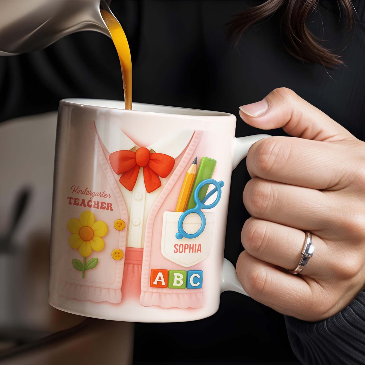 Kindergarten Teacher, Flower, Pencil, Scissors, Shirt with Tie - Personalized Custom Coffee Mug - TEACH004_MG