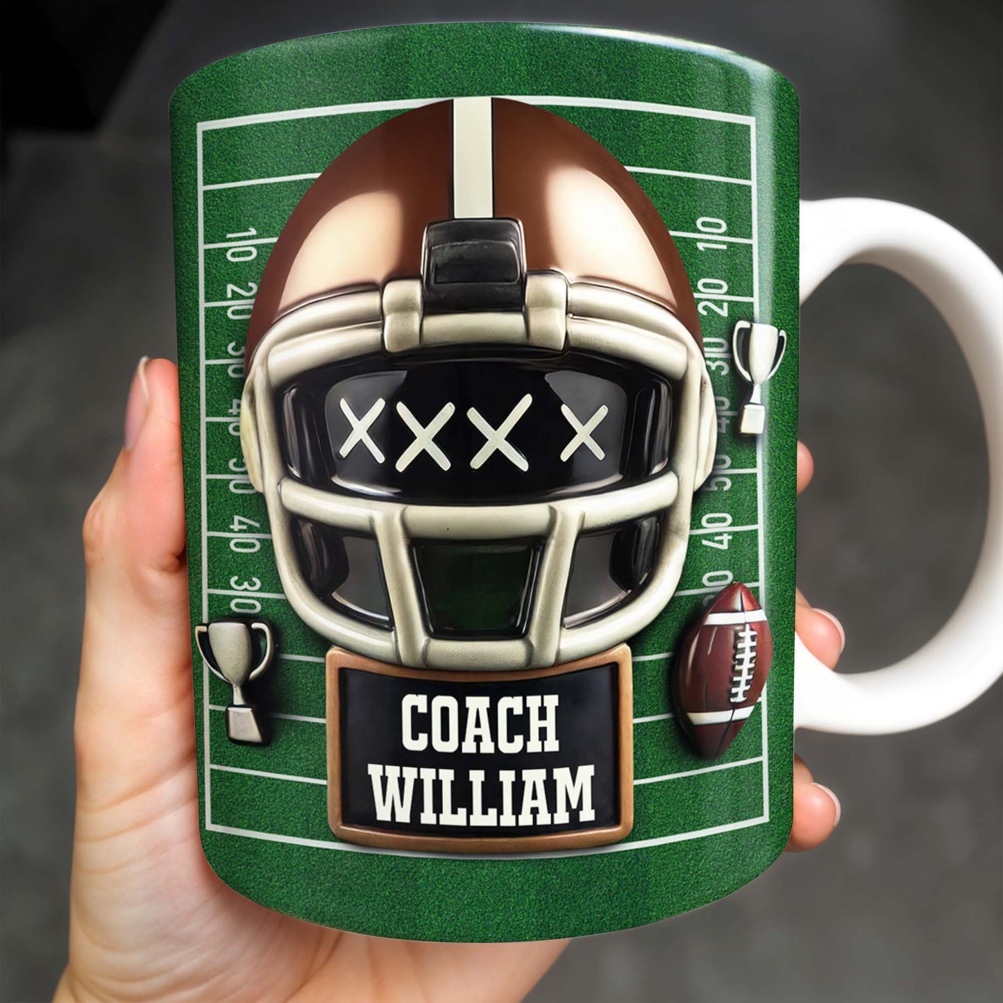 Celebrate the Best Coach with this Football Helmet, Football and Trophy - Personalized Custom Coffee Mug - TEACH005_MG