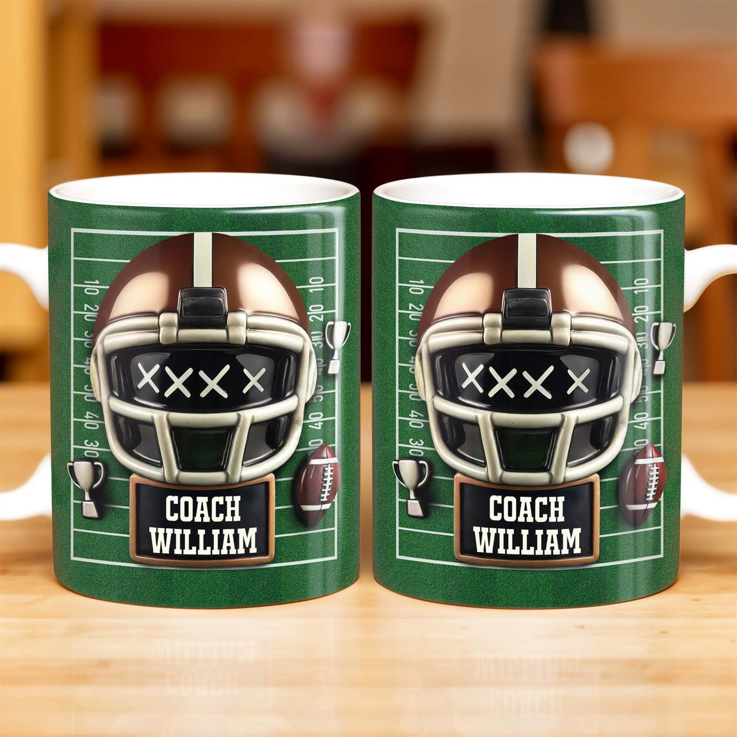 Celebrate the Best Coach with this Football Helmet, Football and Trophy - Personalized Custom Coffee Mug - TEACH005_MG