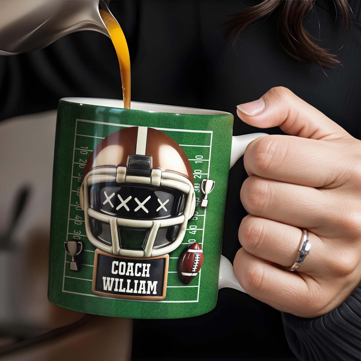 Celebrate the Best Coach with this Football Helmet, Football and Trophy - Personalized Custom Coffee Mug - TEACH005_MG
