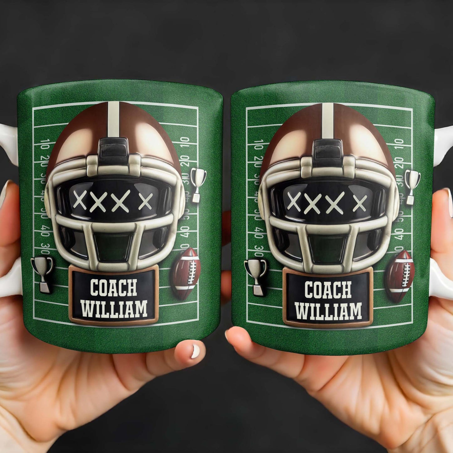 Celebrate the Best Coach with this Football Helmet, Football and Trophy - Personalized Custom Coffee Mug - TEACH005_MG