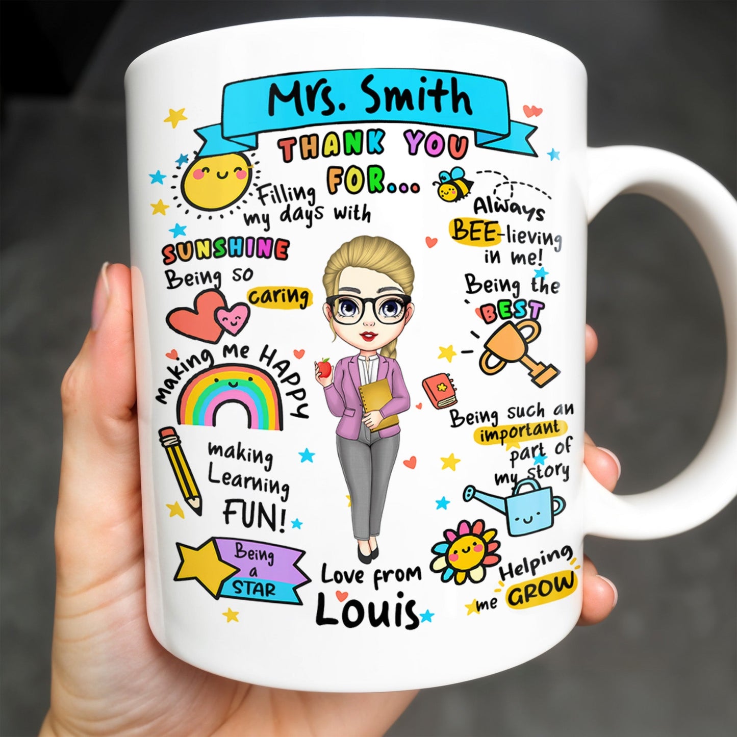 Thank You For Filling My Days With Sunshine, Heart, Star - Personalized Custom Coffee Mug - TEACH047_MG