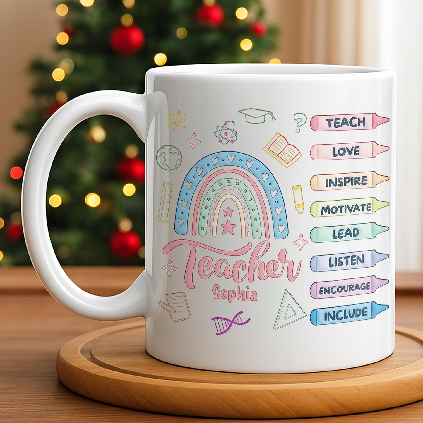 Teach Love Inspire Mug With Rainbow And Educational Icons - Personalized Custom Coffee Mug - TEACH064_MG