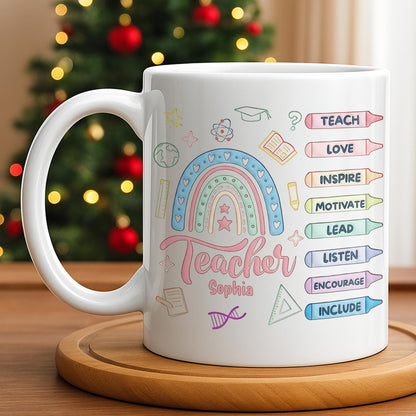 Teach Love Inspire Mug With Rainbow And Educational Icons - Personalized Custom Coffee Mug - TEACH064_MG