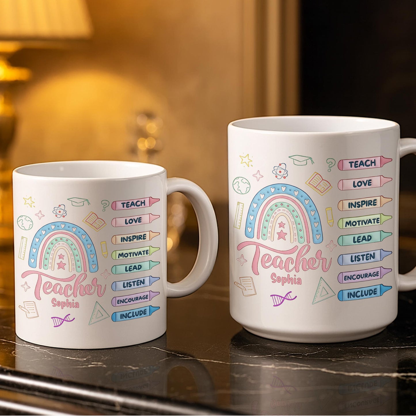 Teach Love Inspire Mug With Rainbow And Educational Icons - Personalized Custom Coffee Mug - TEACH064_MG