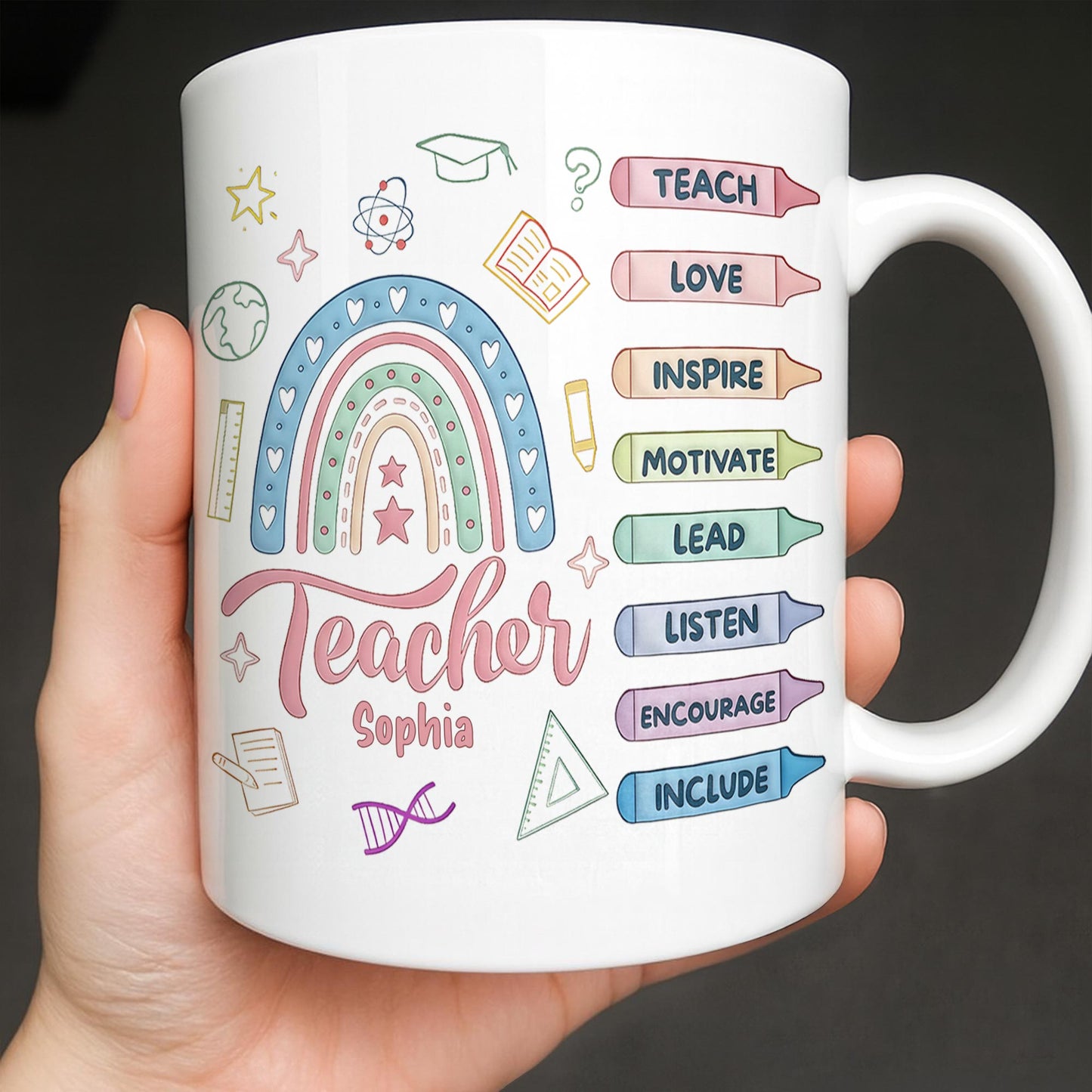 Teach Love Inspire Mug With Rainbow And Educational Icons - Personalized Custom Coffee Mug - TEACH064_MG