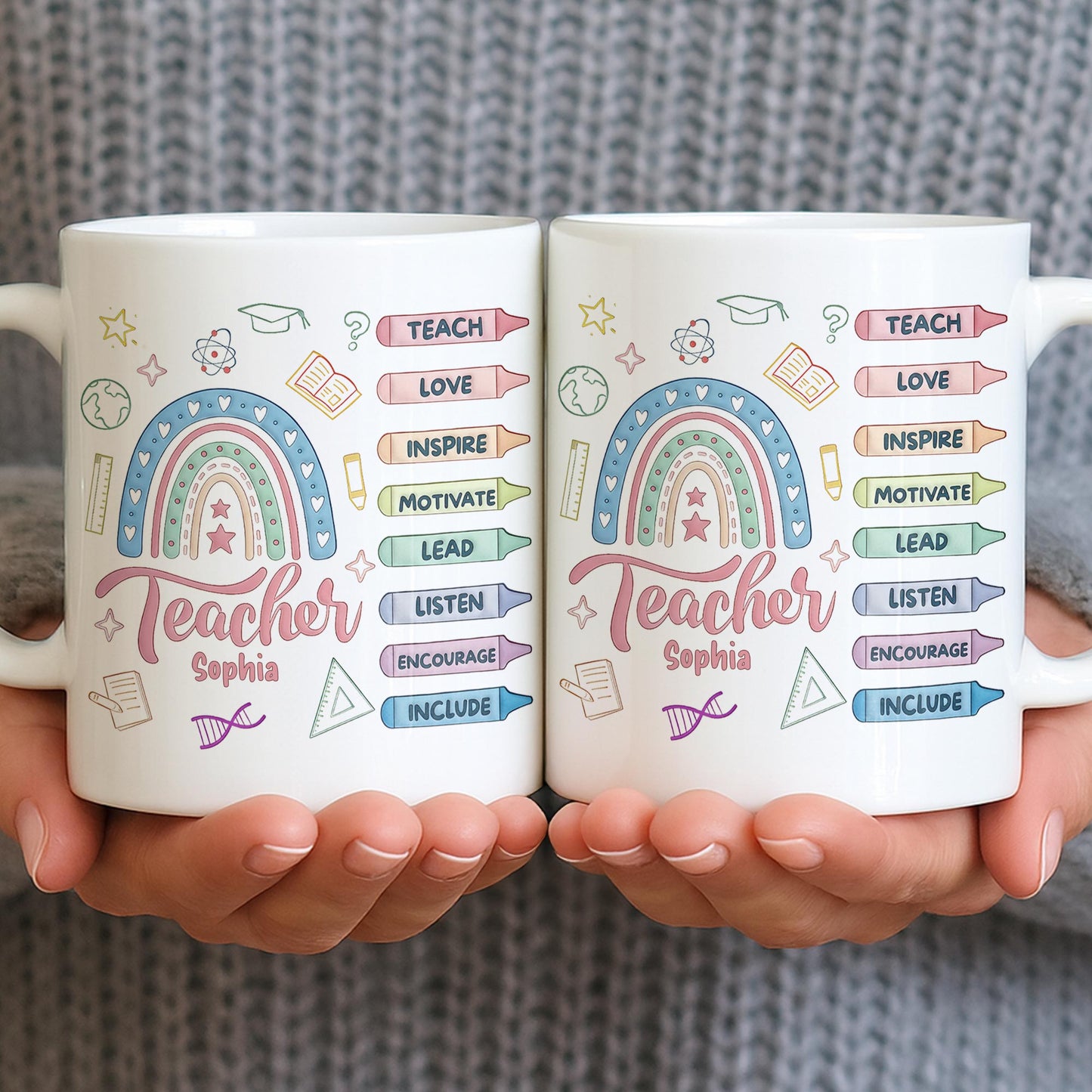 Teach Love Inspire Mug With Rainbow And Educational Icons - Personalized Custom Coffee Mug - TEACH064_MG