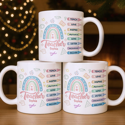 Teach Love Inspire Mug With Rainbow And Educational Icons - Personalized Custom Coffee Mug - TEACH064_MG