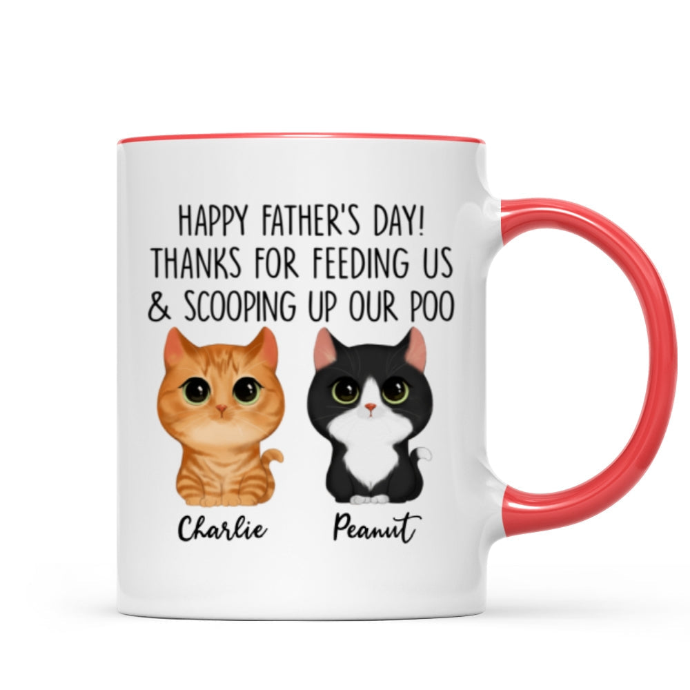 Happy Father's Day Thanks For Feeding Me And Scooping Up My Poo Watercolor Cute Cats Personalized Mug